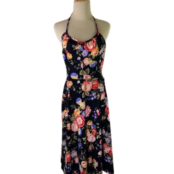 Vintage 70s SunDress Floral Black Print Halter Top Built In Bra Midi Cottage S - Picture 9 of 9